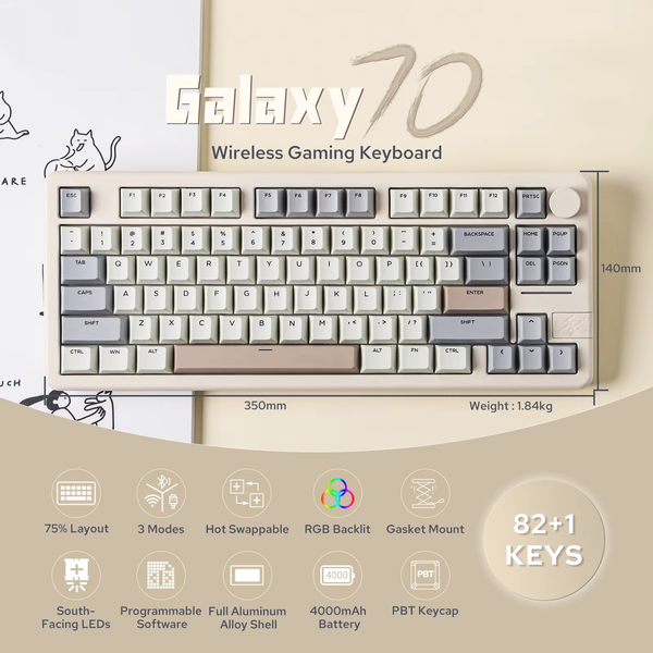 Klawiatura mechaniczna Epomaker Galaxy70 Aluminium | 75% Tri-Mode | Hot-swap | Mocowanie uszczelki, Niedostępny, Beżowy