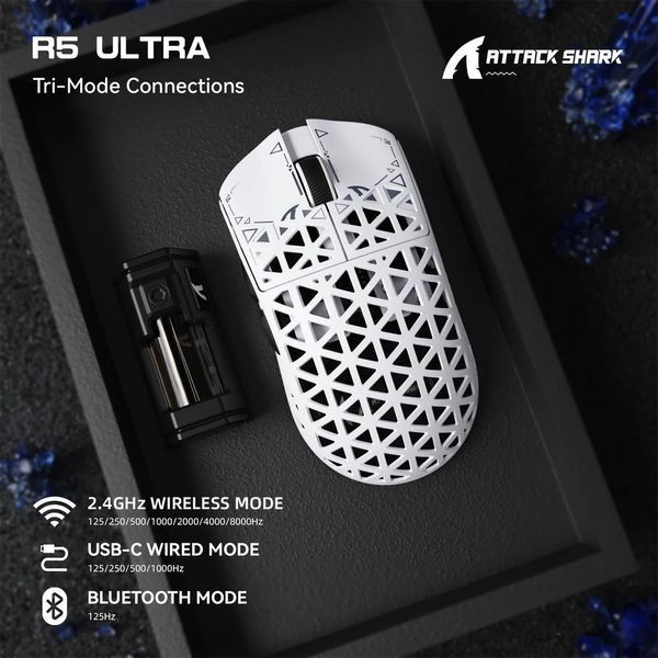 Беспроводная ультралёгкая игровая мышь ATTACK SHARK R5 Ultra White &mdash; PixArt PAW3950MAX, 8000 Гц, 42 000 DPI AS-R5-Ultra-WTH фото