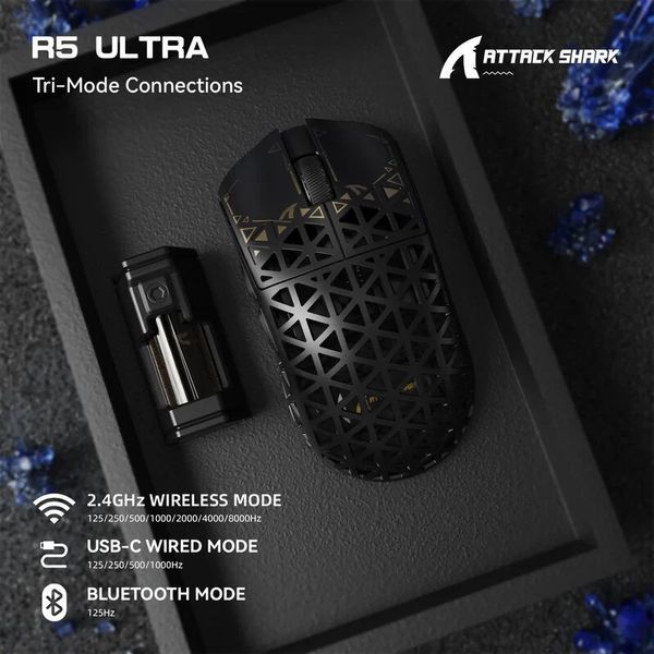 Bezprzewodowa ultralekka mysz do gier ATTACK SHARK R5 Ultra - PixArt PAW3950MAX, 8000 Hz, 42000 DPI