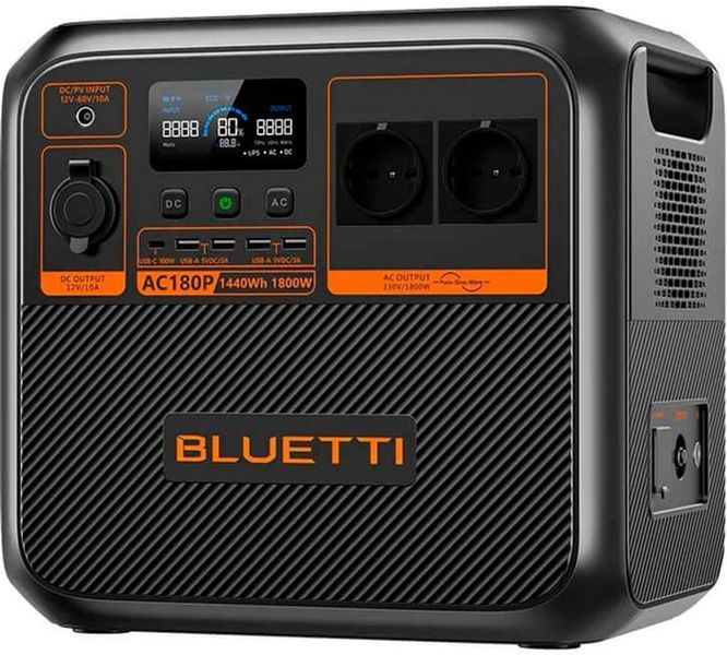 BLUETTI AC180P - charging station 1440 Wh, 1800 W, LiFePO4, support PD / QC, 9 ports, compatible with solar panels